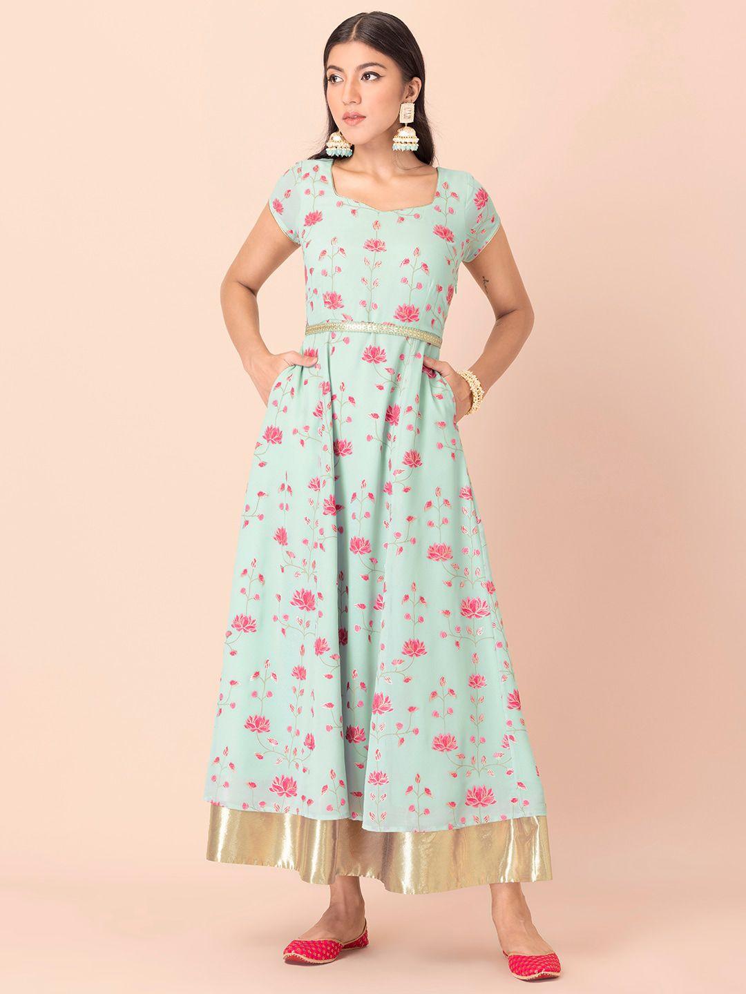 indya women green & pink ethnic motifs belted georgette ethnic maxi dress