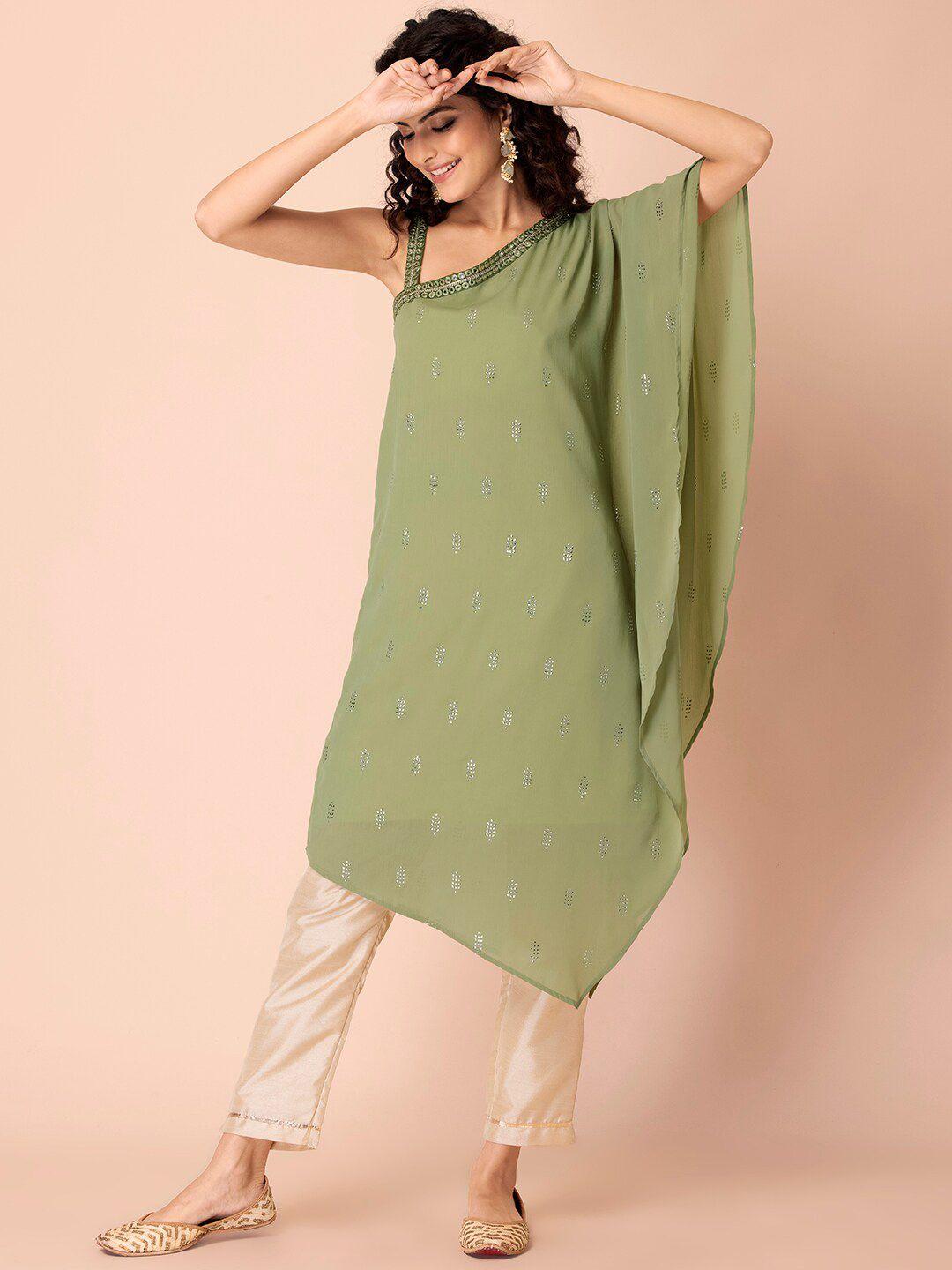 indya women green embellished extended sleeves kaftan kurta