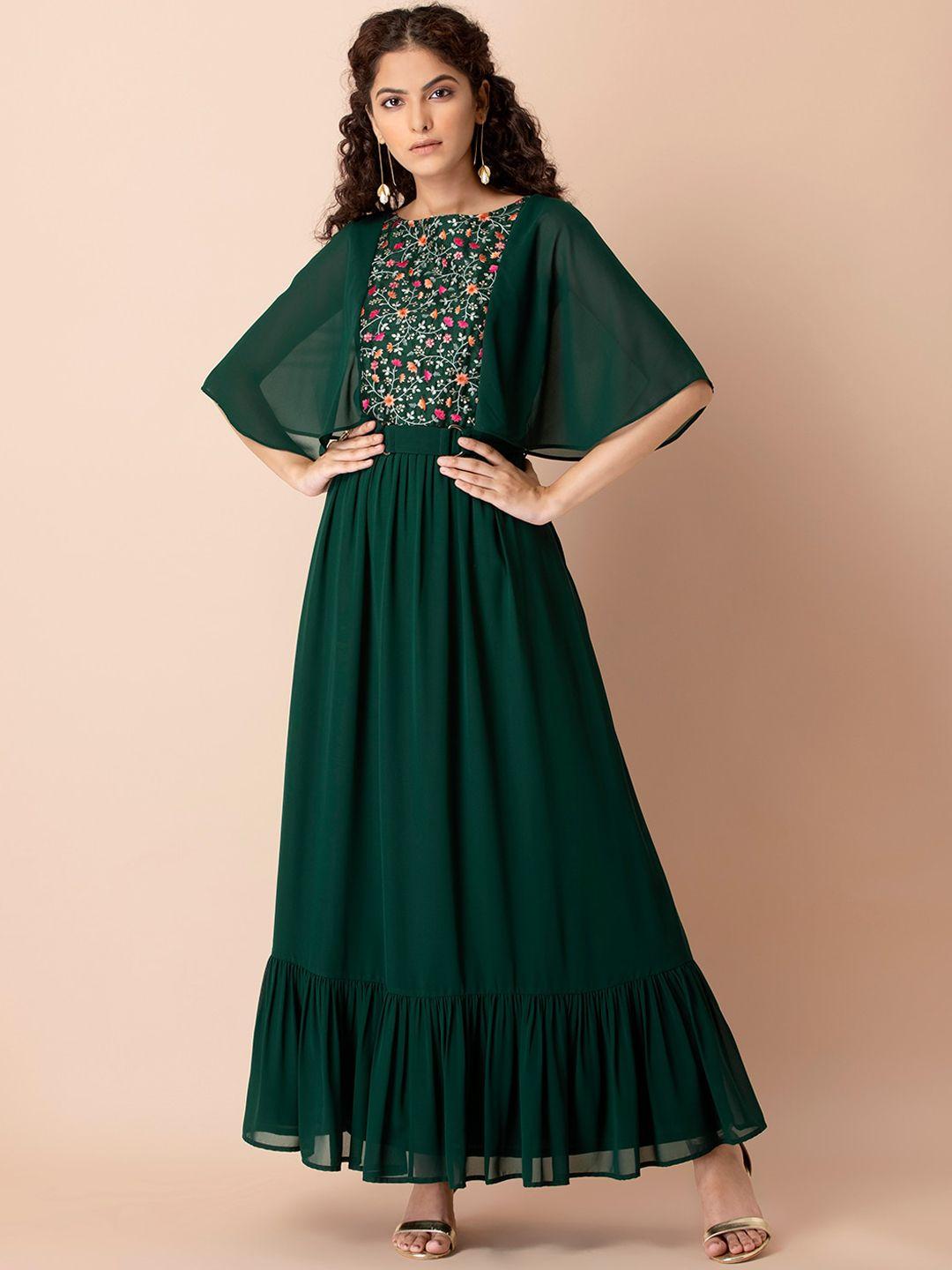 indya women green embroidered ruffled cape dress