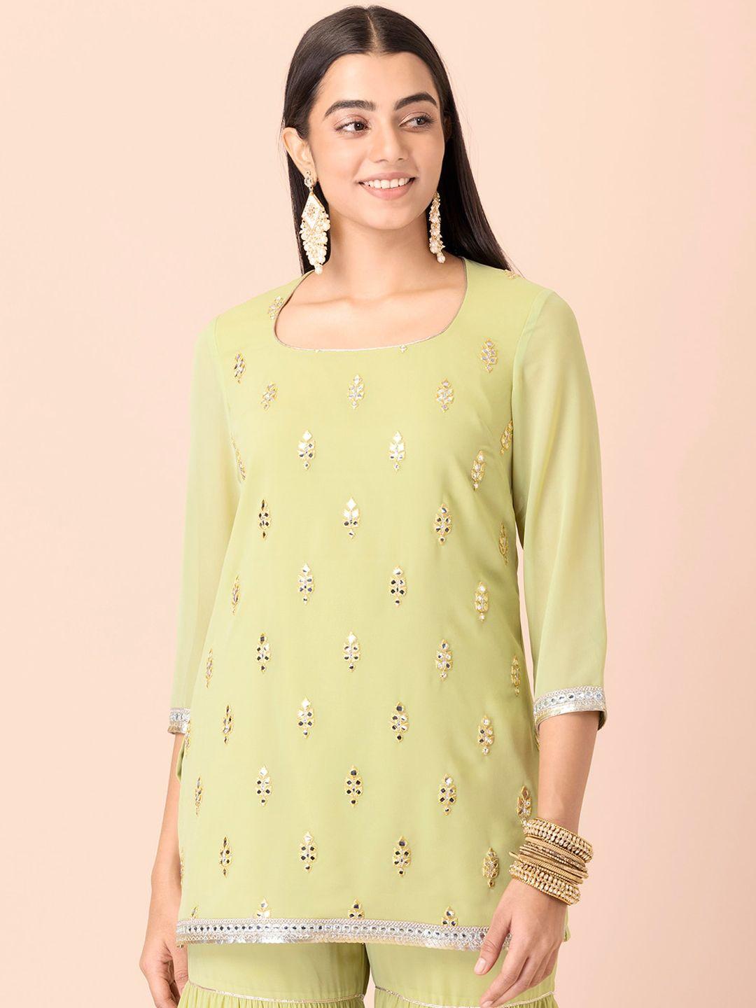 indya women green ethnic motifs embellished gotta patti georgette kurta