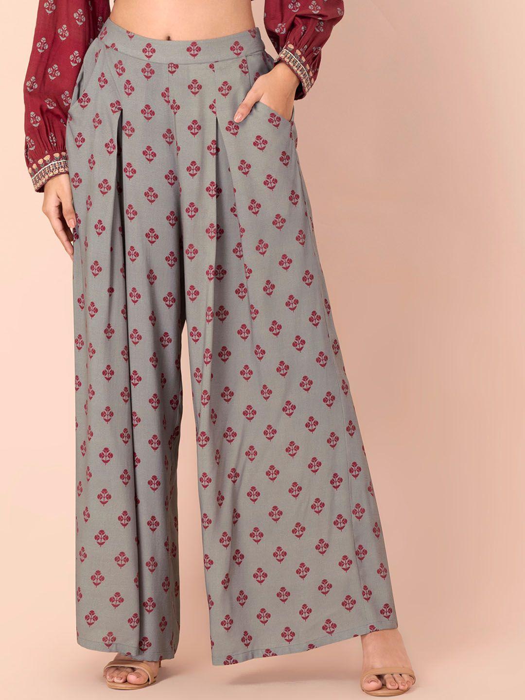 indya women green ethnic motifs printed relaxed pleated trousers
