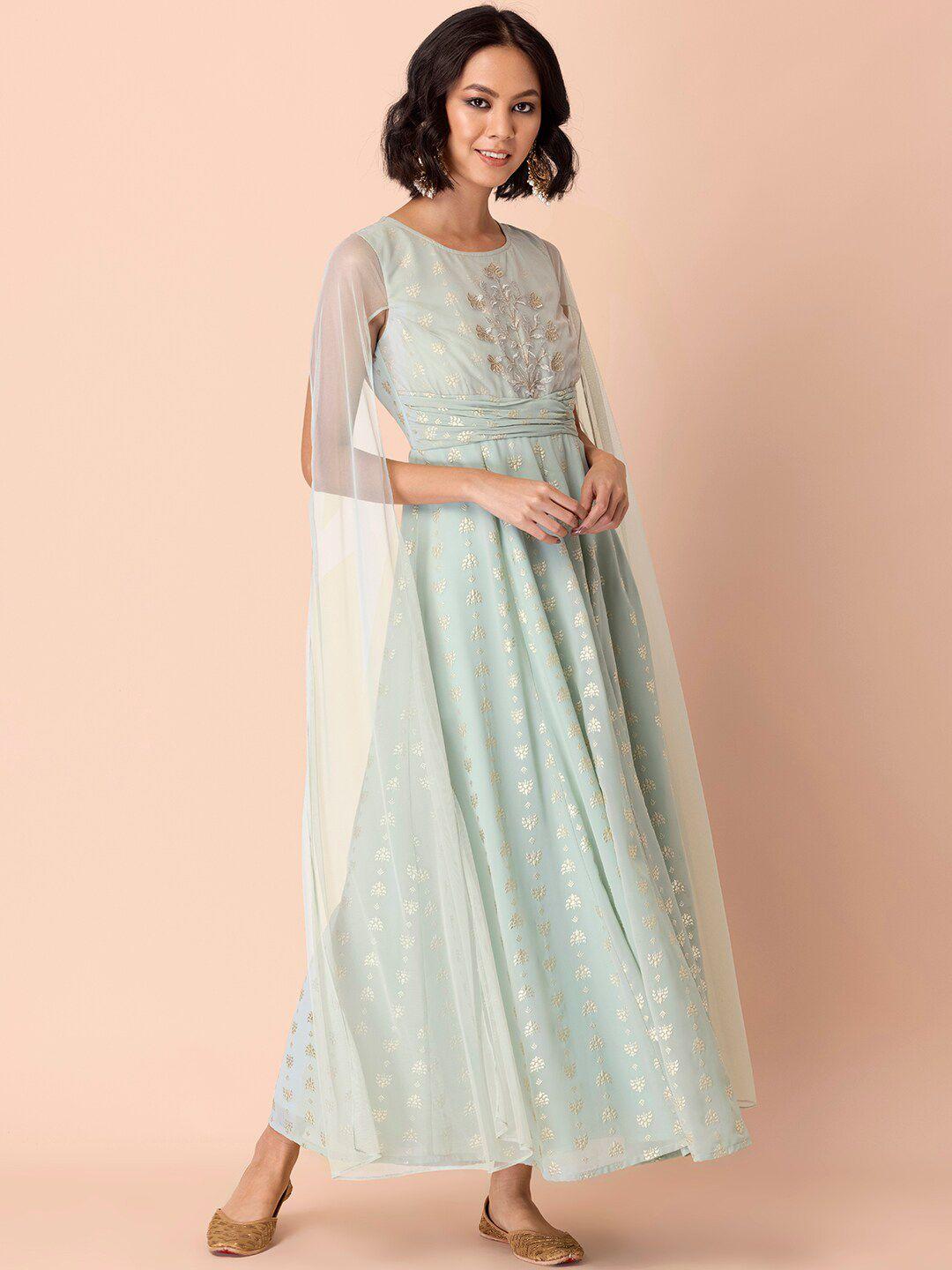 indya women green foil printed a-line maxi ethnic dress
