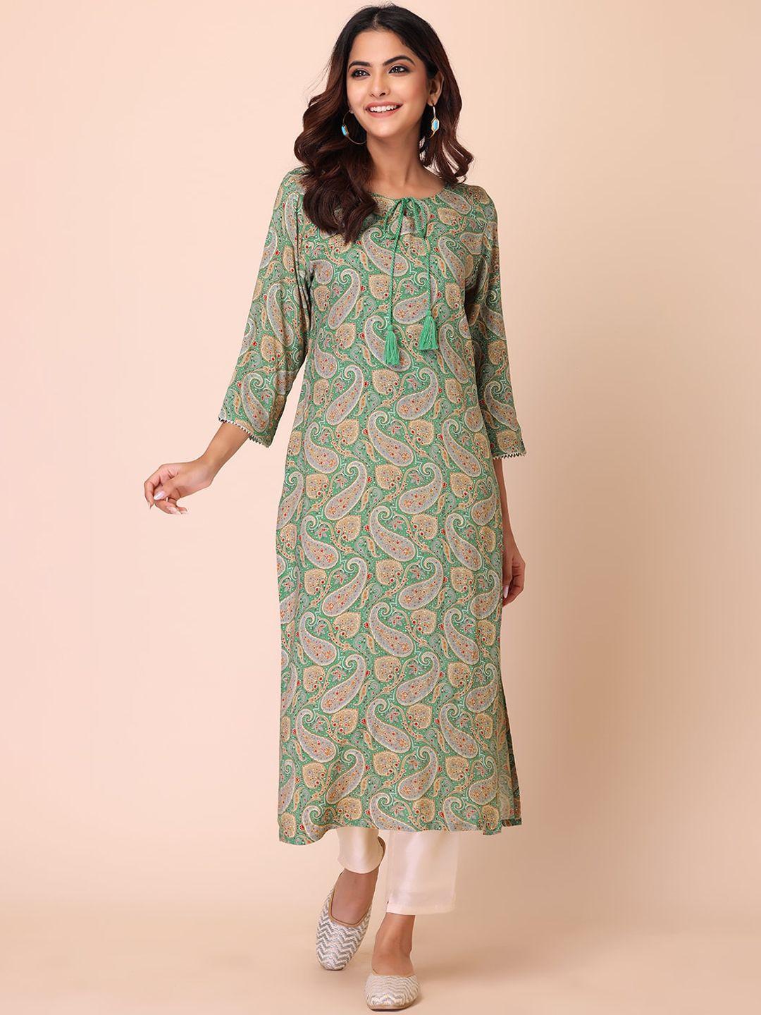 indya women green paisley printed kurtas