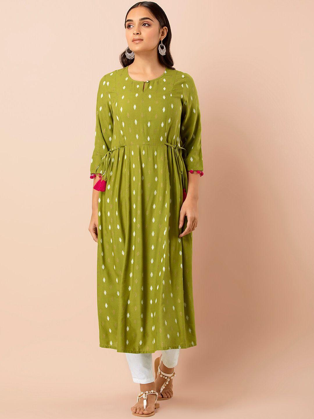 indya women green printed a-line kurta