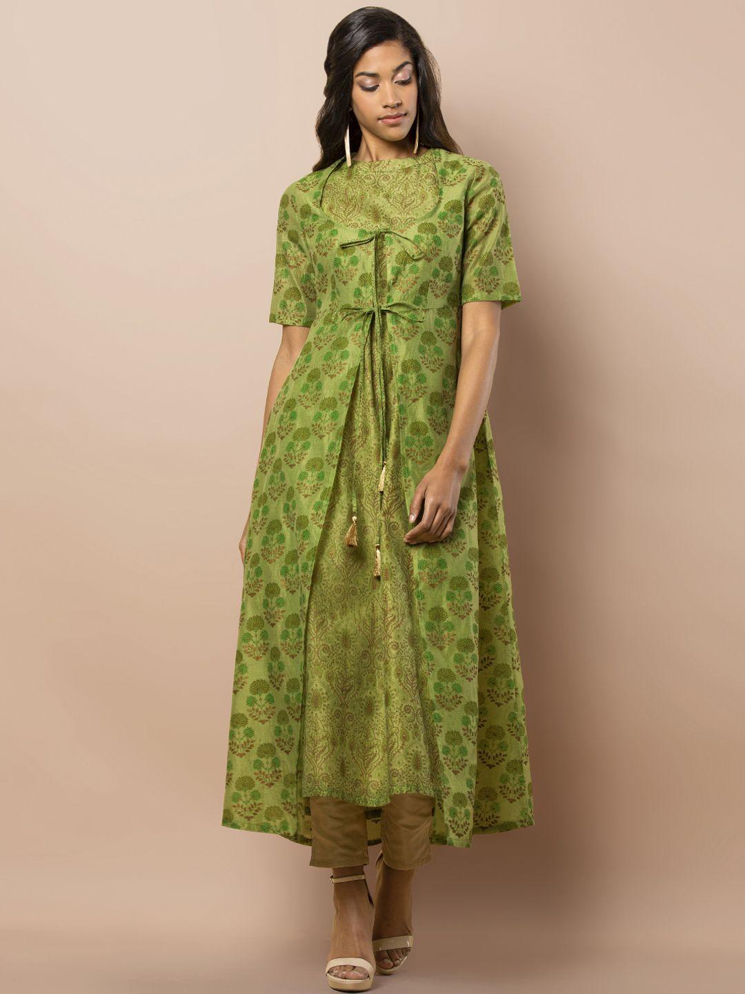 indya women green printed a-line layered kurta with attached jacket