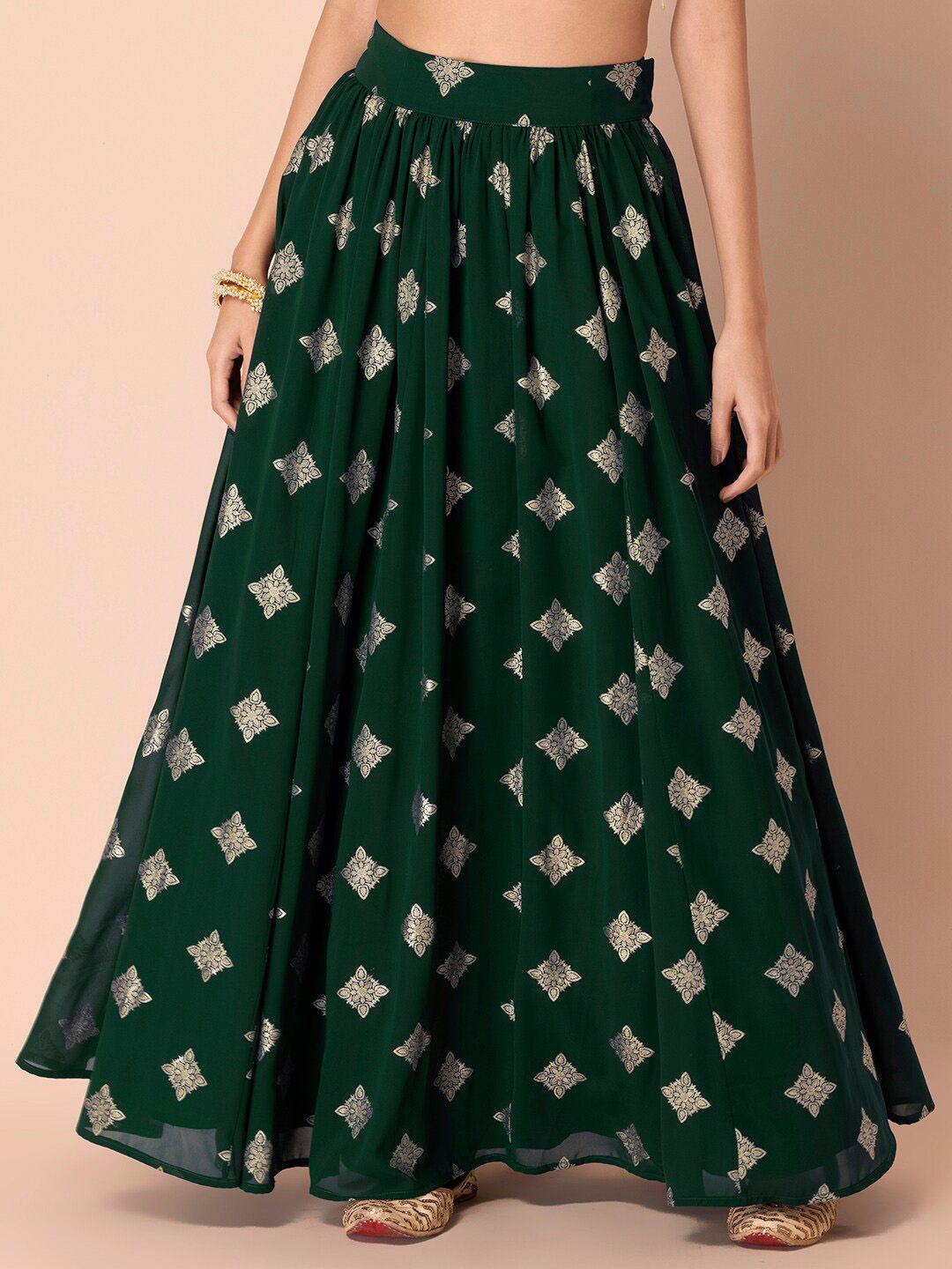 indya women green printed maxi flared skirts