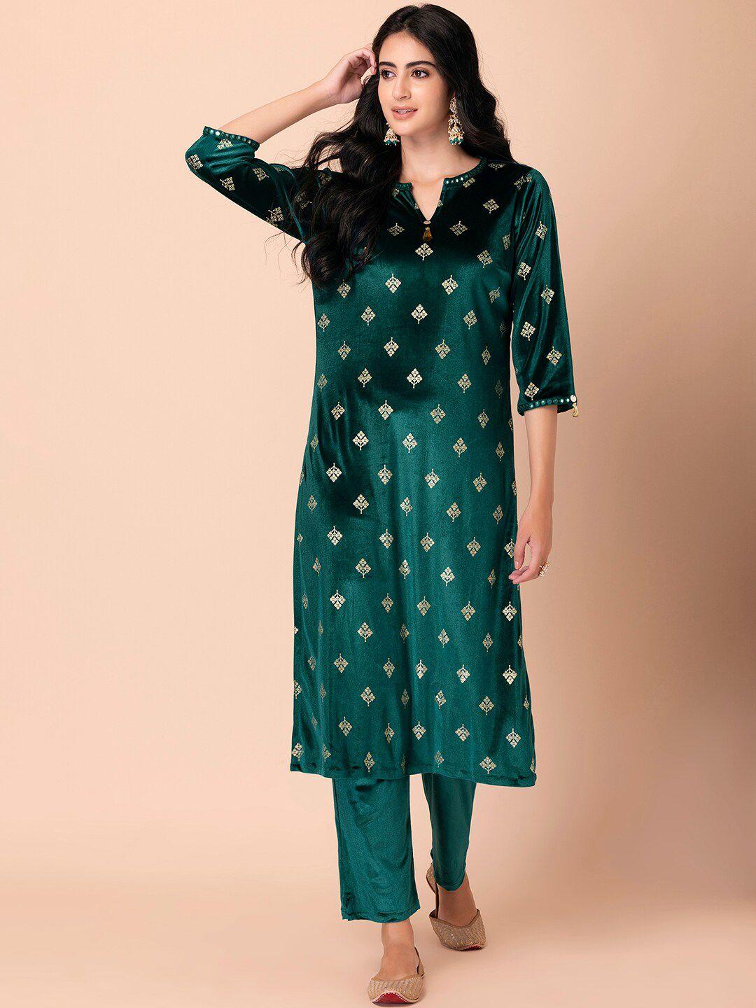 indya women green printed velvet kurta