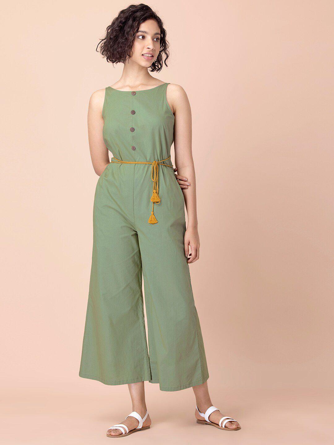 indya women green solid pure cotton belted jumpsuit