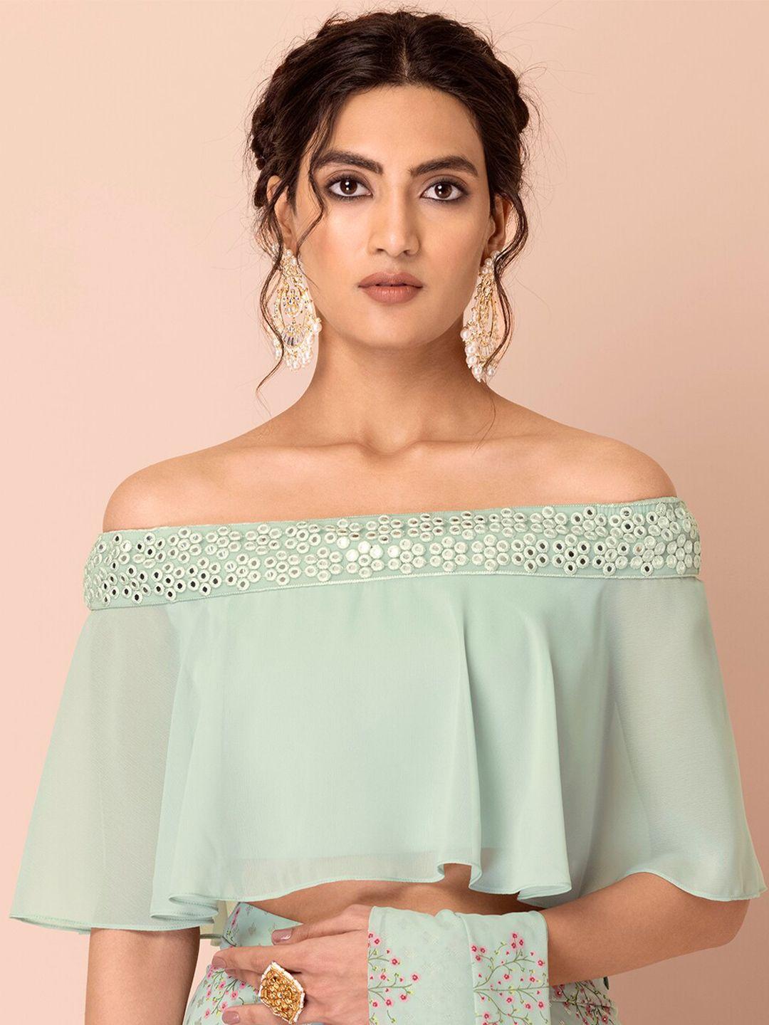 indya women green solid ruffled off shoulder crop top