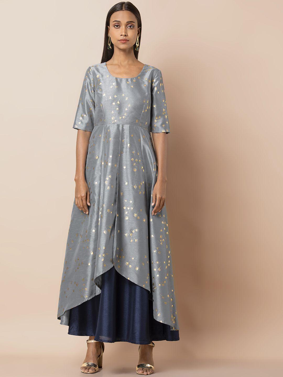 indya women grey & navy blue printed layered maxi dress