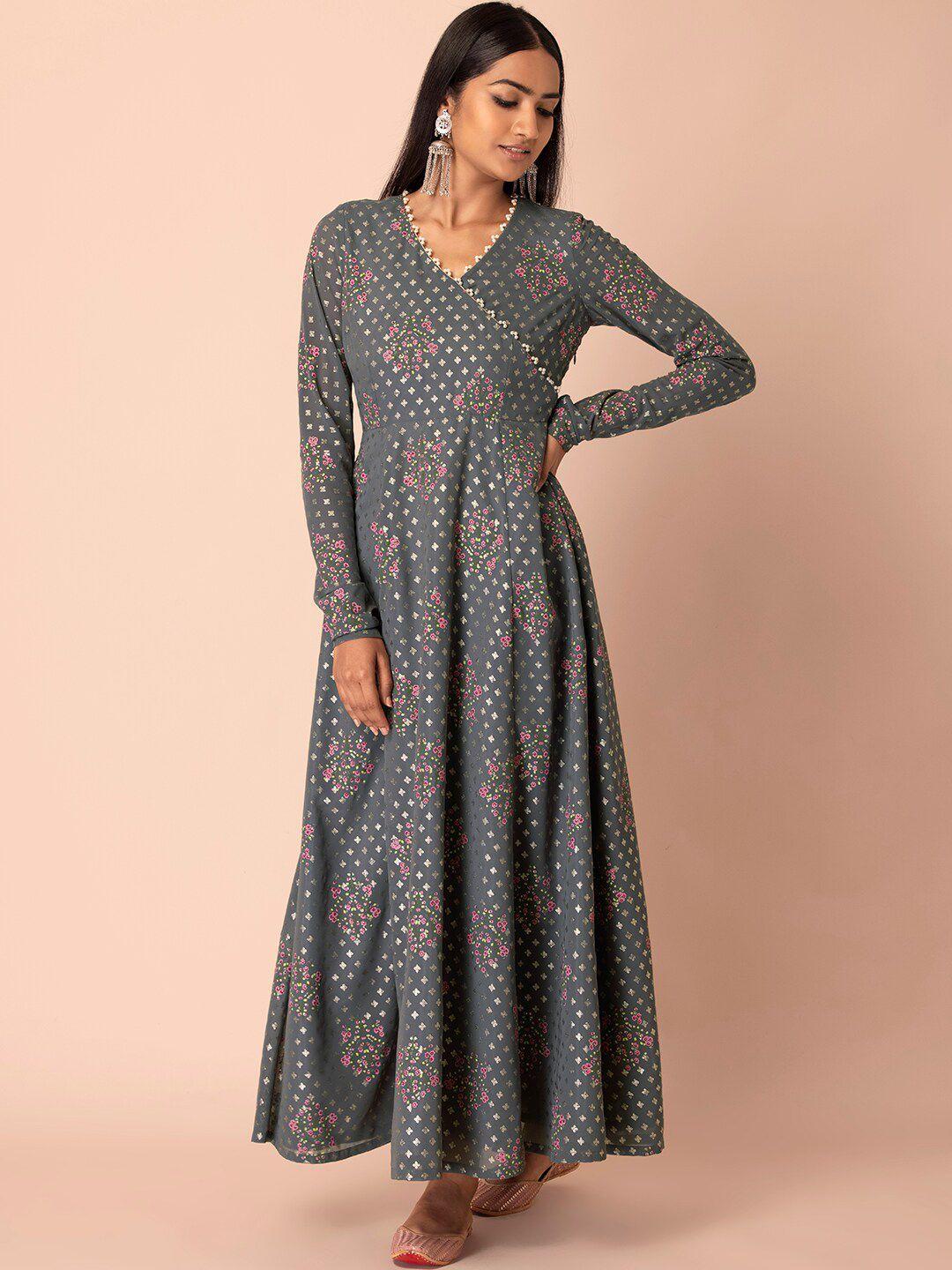 indya women grey & pink printed angrakha kurtas