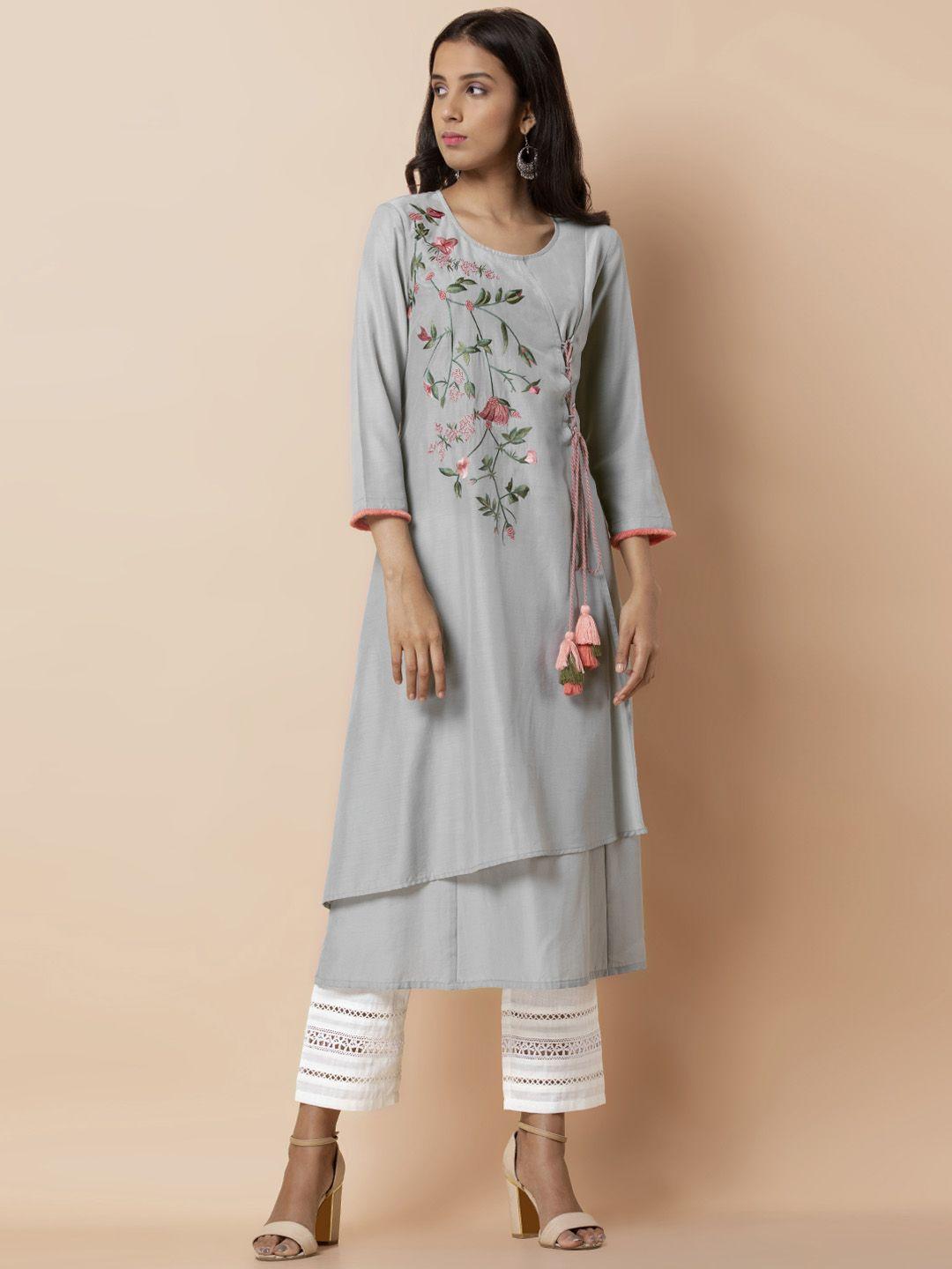 indya women grey embroidered a-line kurta