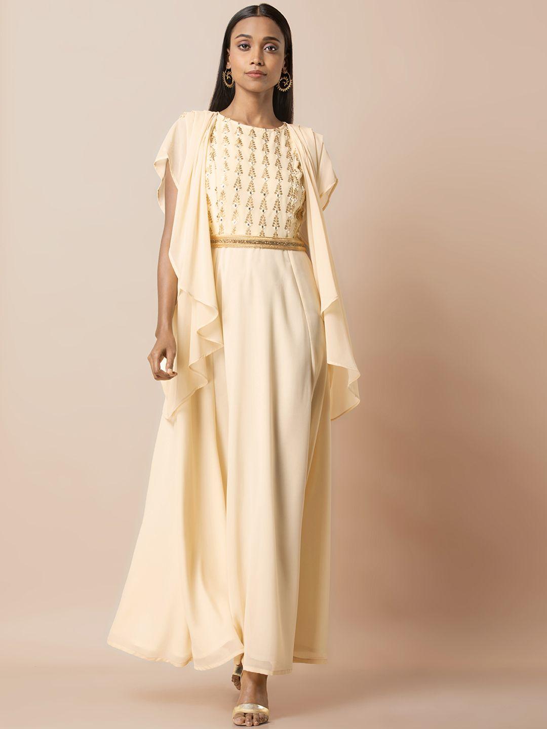 indya women ivory embroidered maxi dress with attached jacket & belt