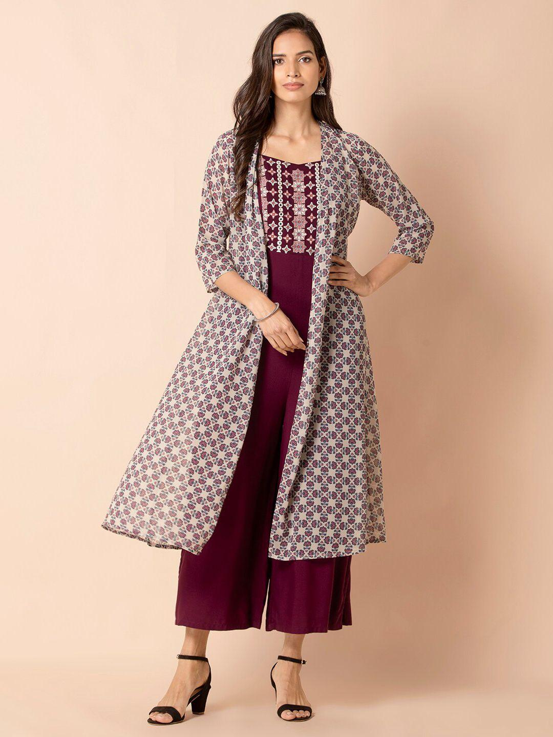 indya women maroon & cream-coloured printed basic jumpsuit with attached jacket