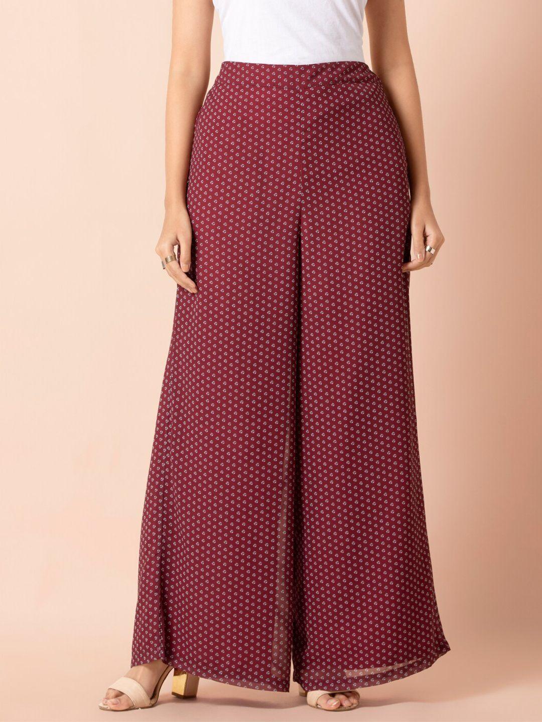 indya women maroon bandhani flared palazzo pants