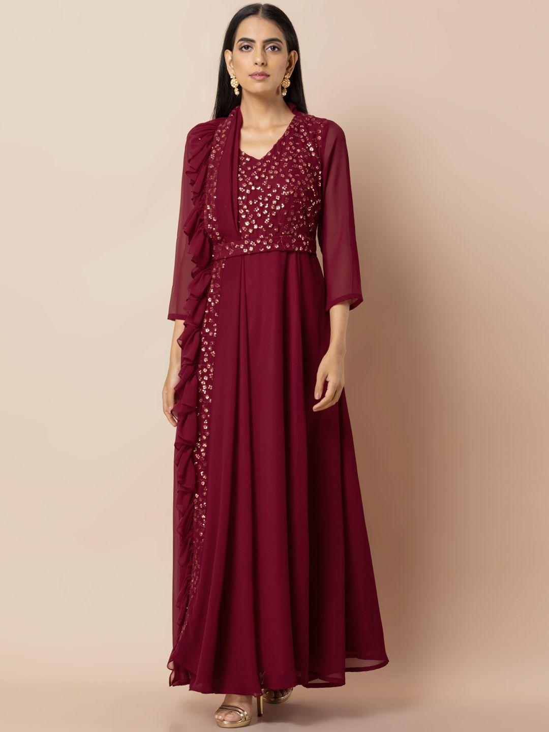 indya women maroon belted anarkali dress with attached dupatta