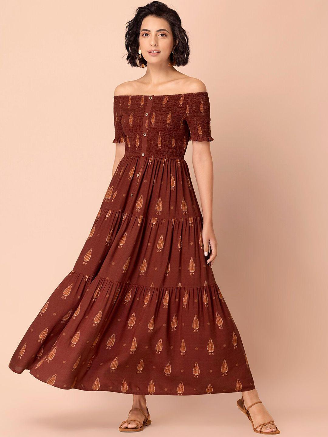 indya women maroon ethnic motifs off-shoulder ethnic maxi dress