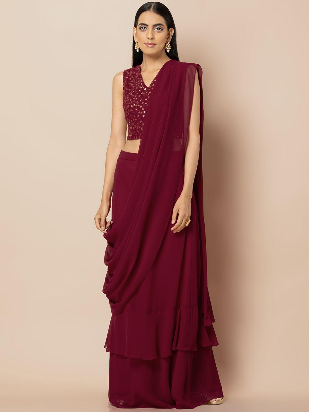 indya women maroon ruffle skirt with attached dupatta