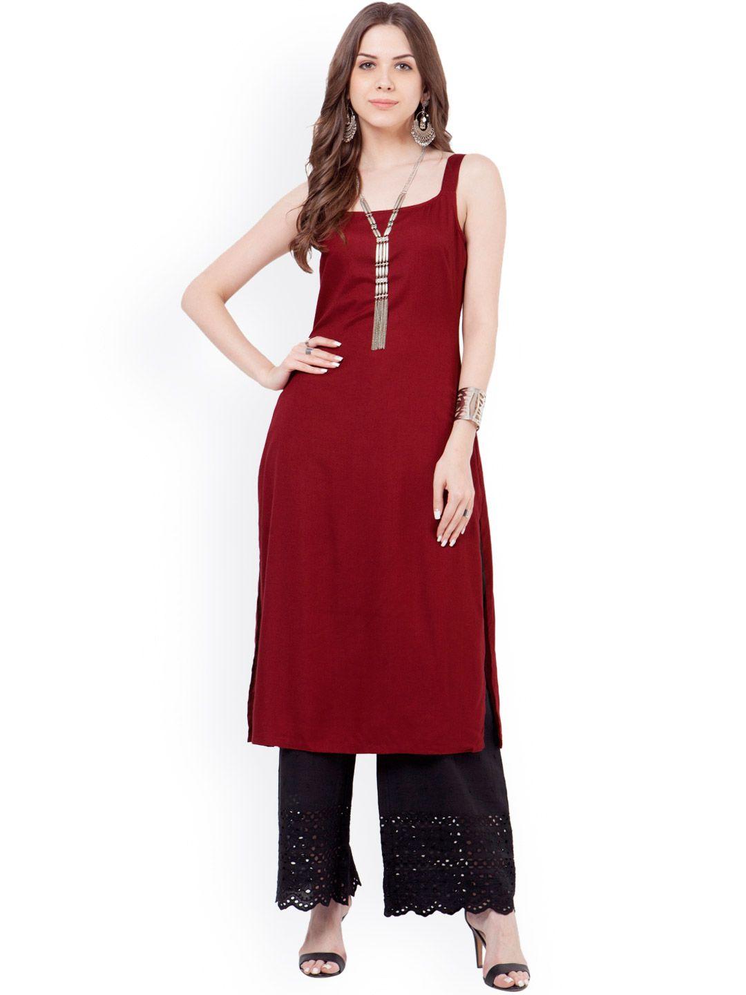 indya women maroon solid straight kurta