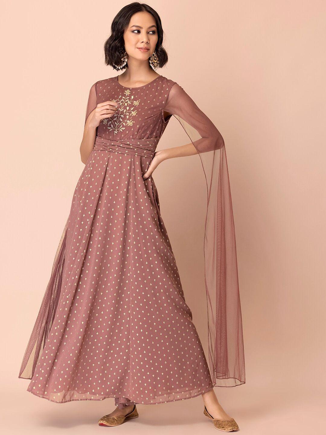 indya women mauve & gold-toned floral embroidered flared sleeves thread work georgette anarkali kurta