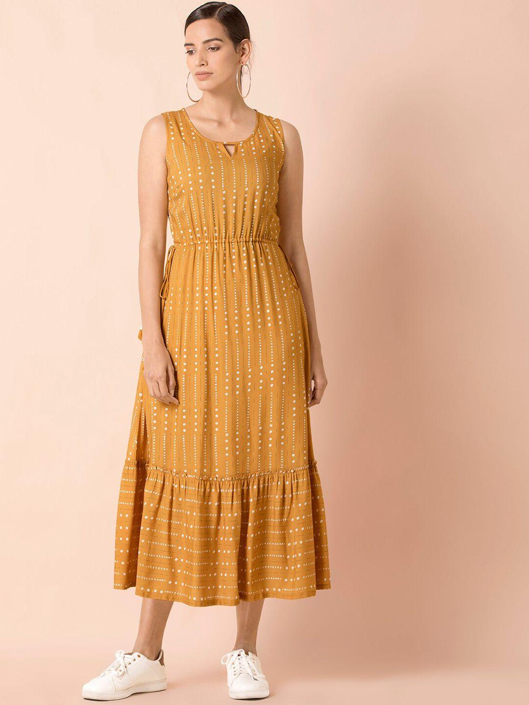 indya women mustard flared printed midi dress