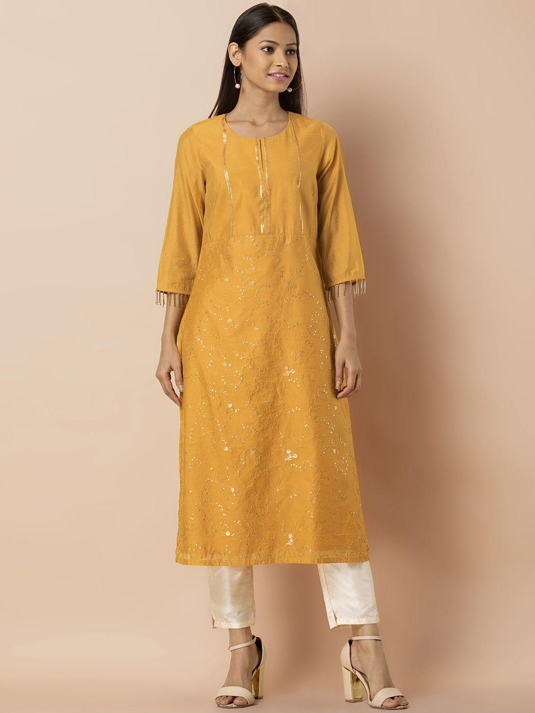 indya women mustard yellow embellished straight kurta