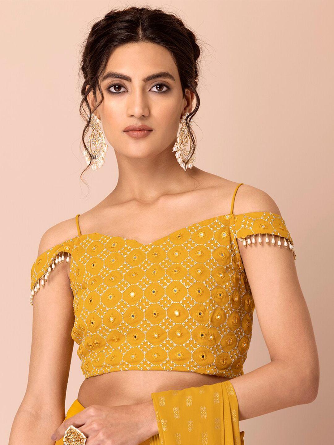 indya women mustard yellow ethnic printed embroidered tasselled off shoulder crop top
