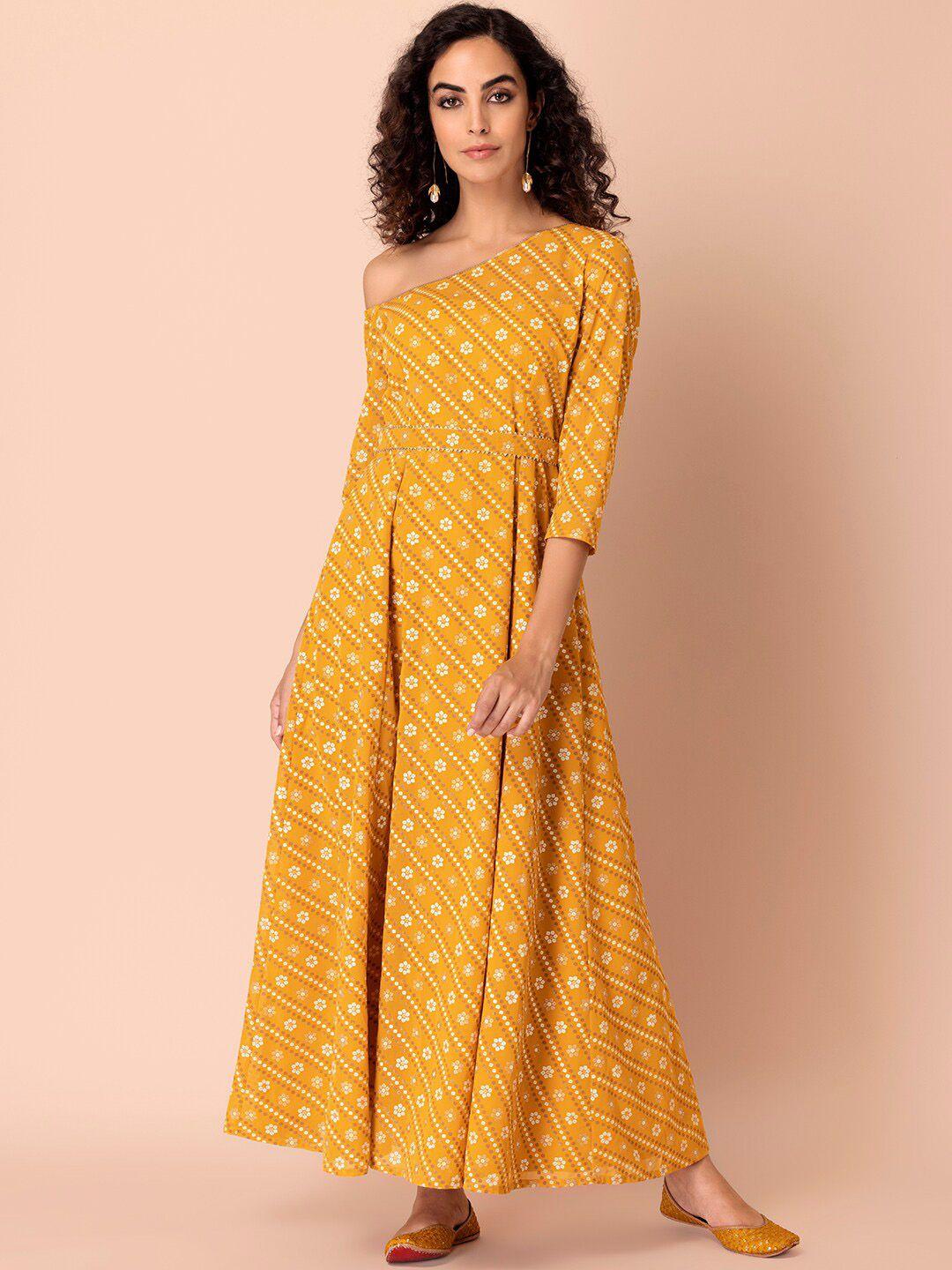 indya women mustard yellow floral printed off-shoulder belted detail anarkali kurta