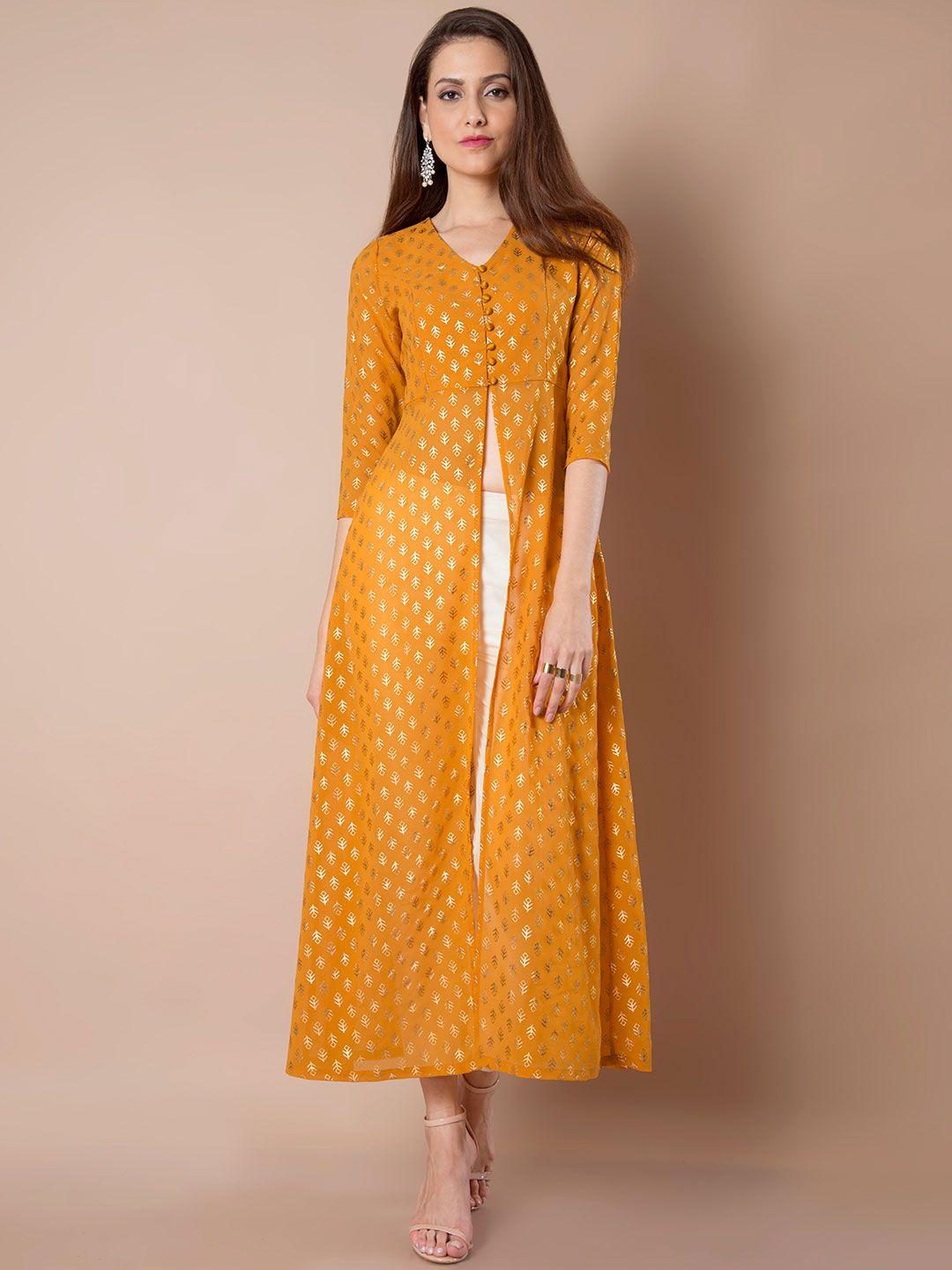 indya women mustard yellow printed a-line kurta