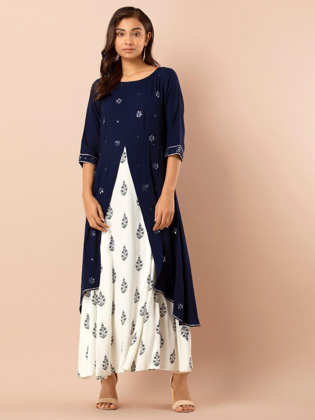 indya women navy blue & white mirror work double layered tunic