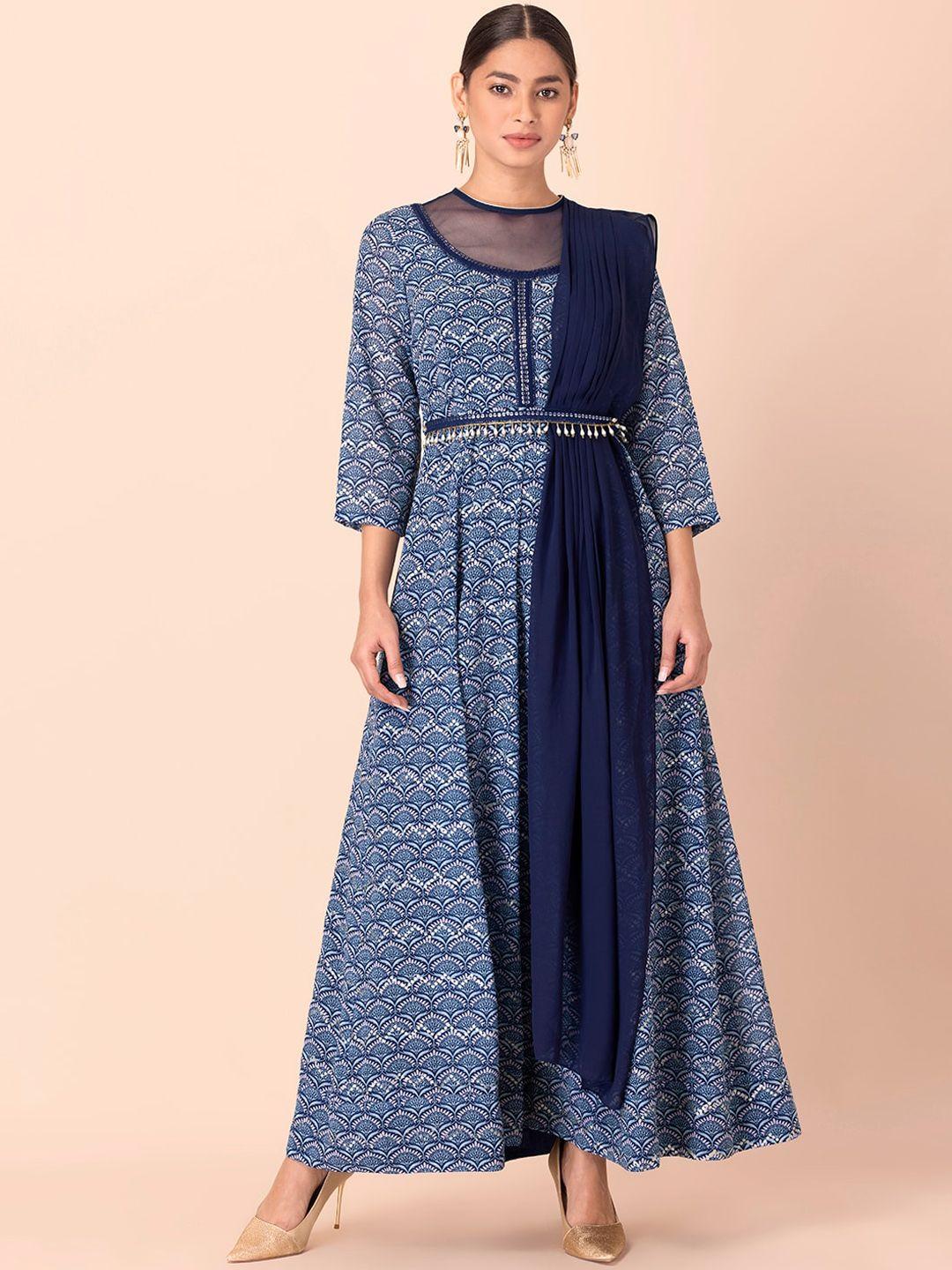 indya women navy blue & white printed georgette maxi kurta with attached dupatta