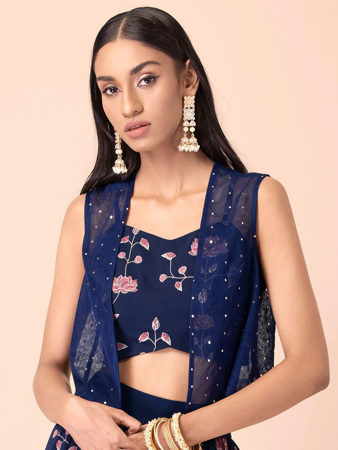 indya women navy blue ethnic embellished sheer mesh foil sleeveless short shrug