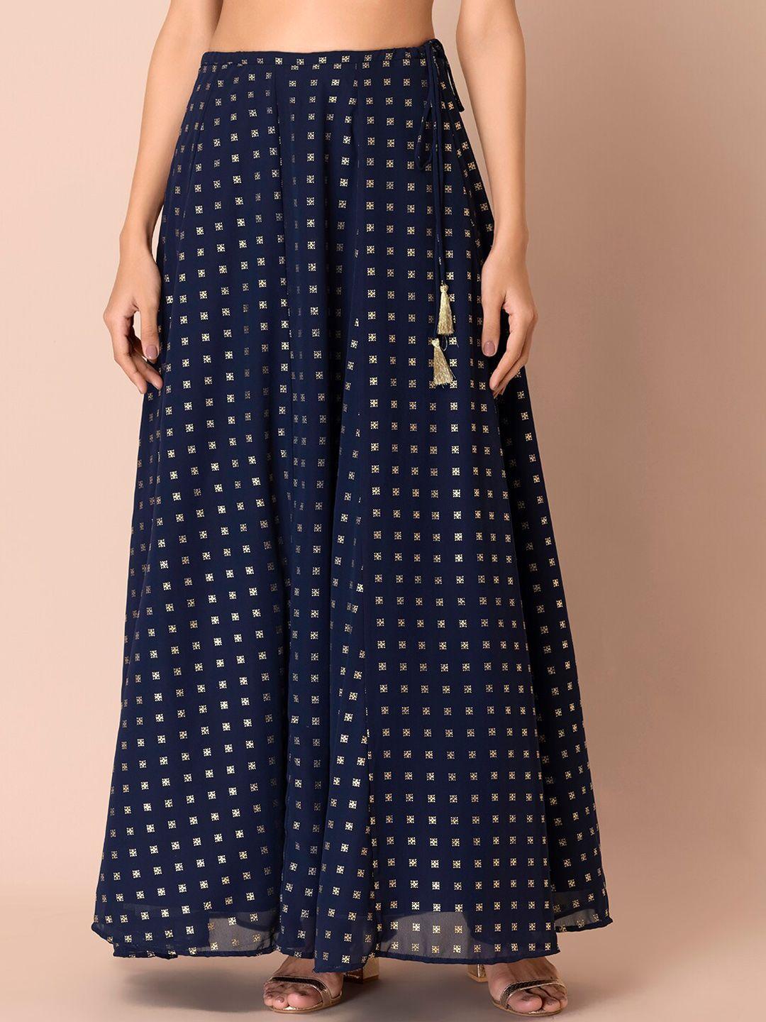 indya women navy blue ikat foil flared skirt