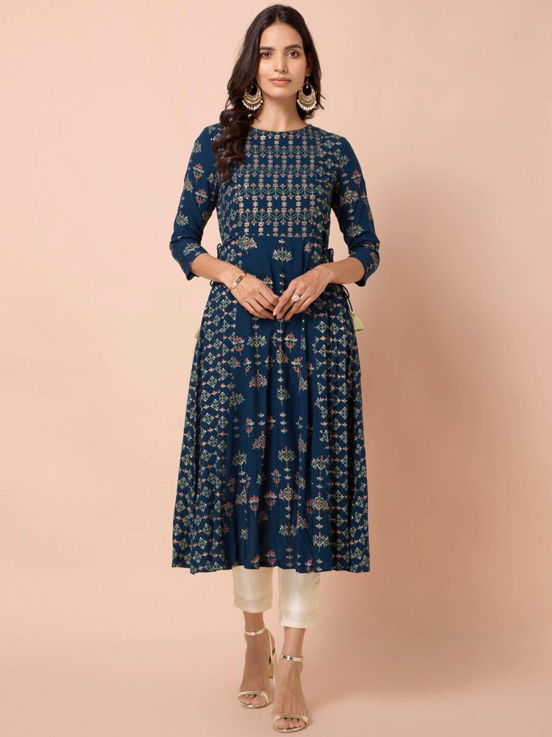 indya women navy blue printed kurta