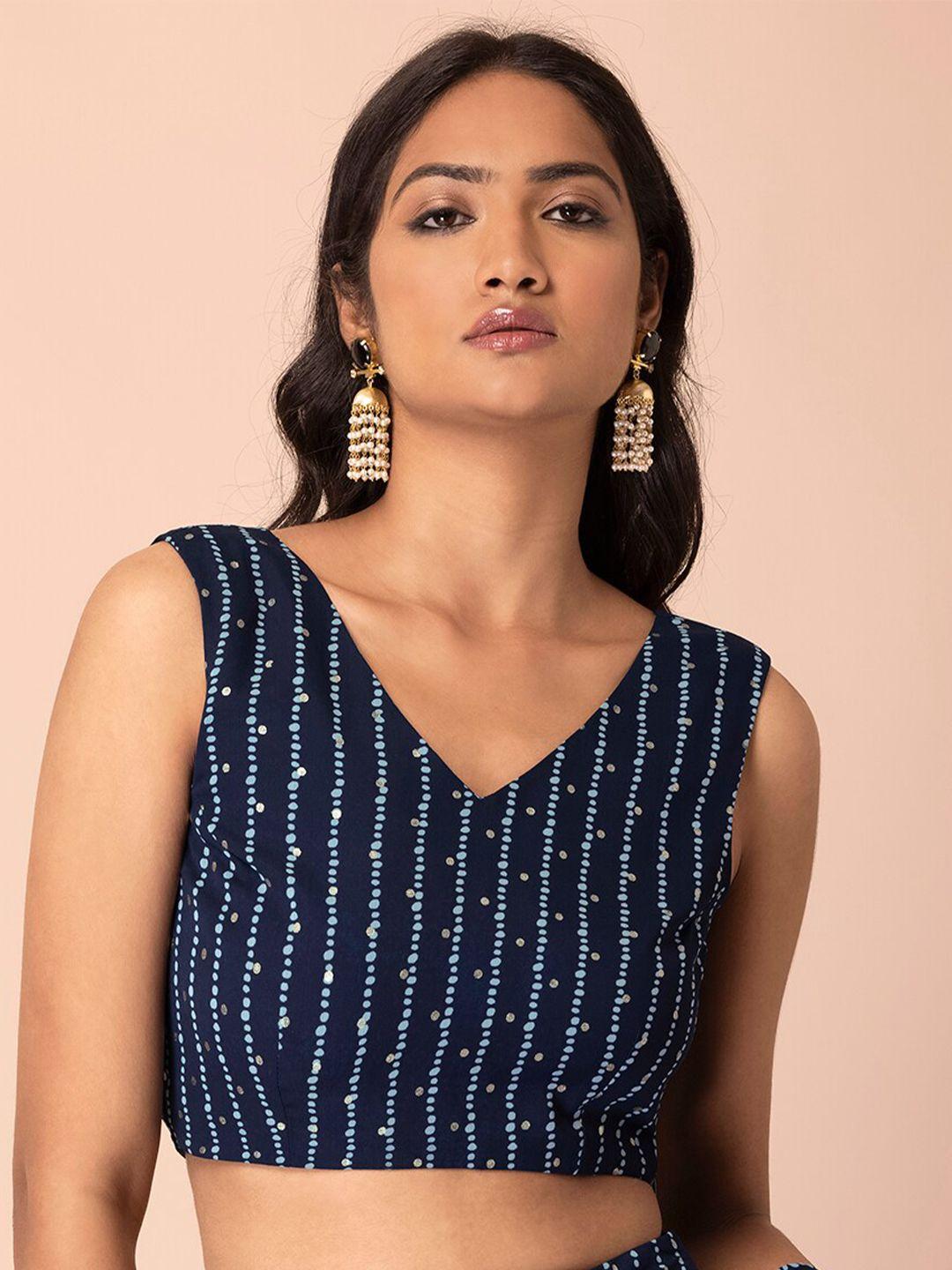 indya women navy blue striped sleeveless crop top