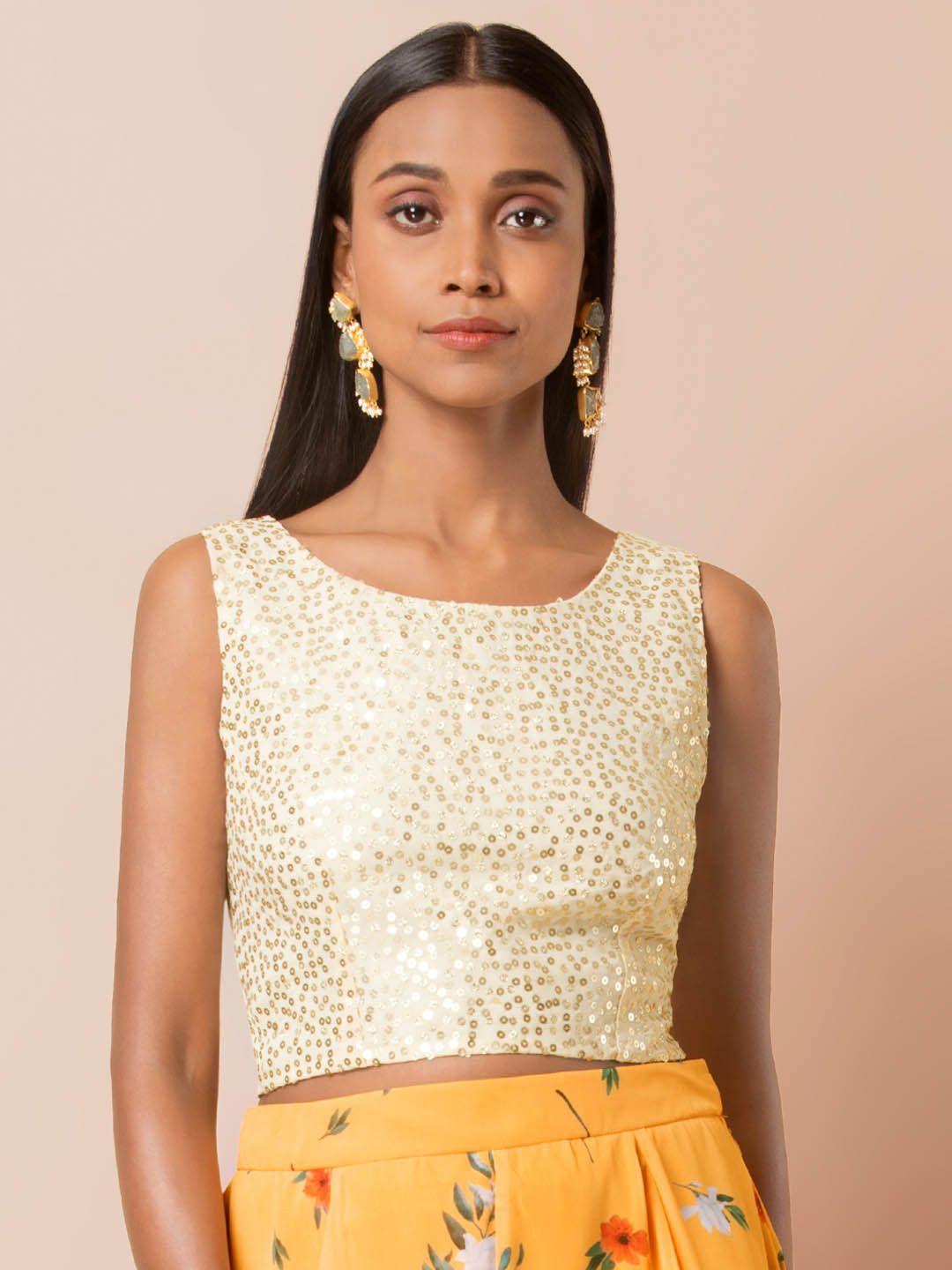 indya women off-white & gold-coloured embellished ethnic top