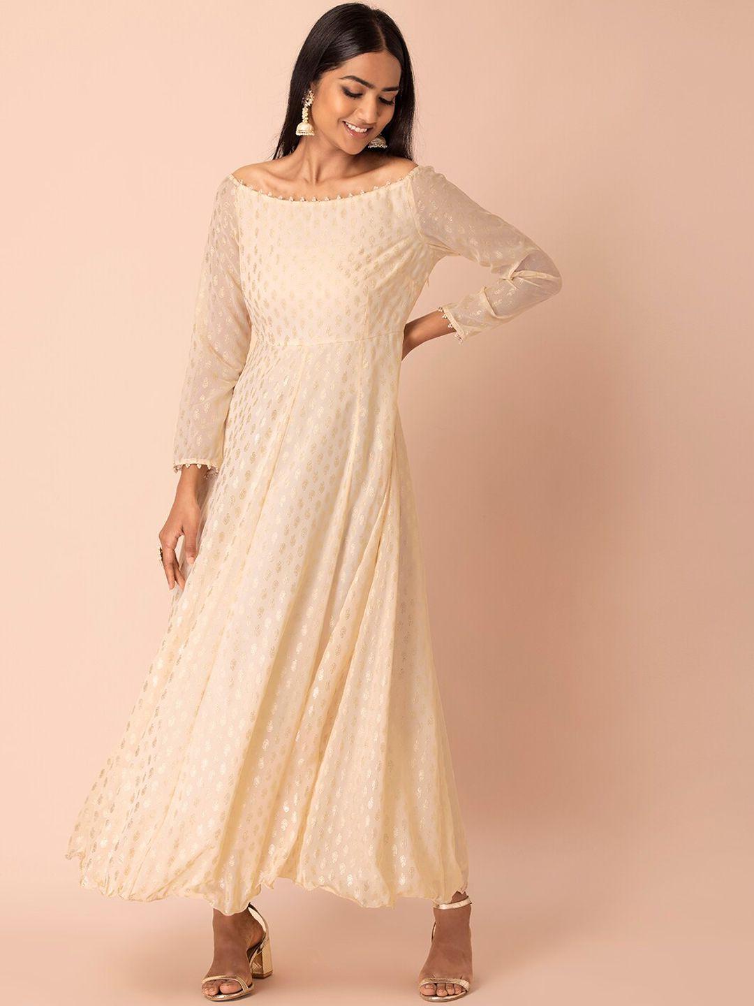 indya women off white ethnic motifs off-shoulder thread work georgette anarkali kurta