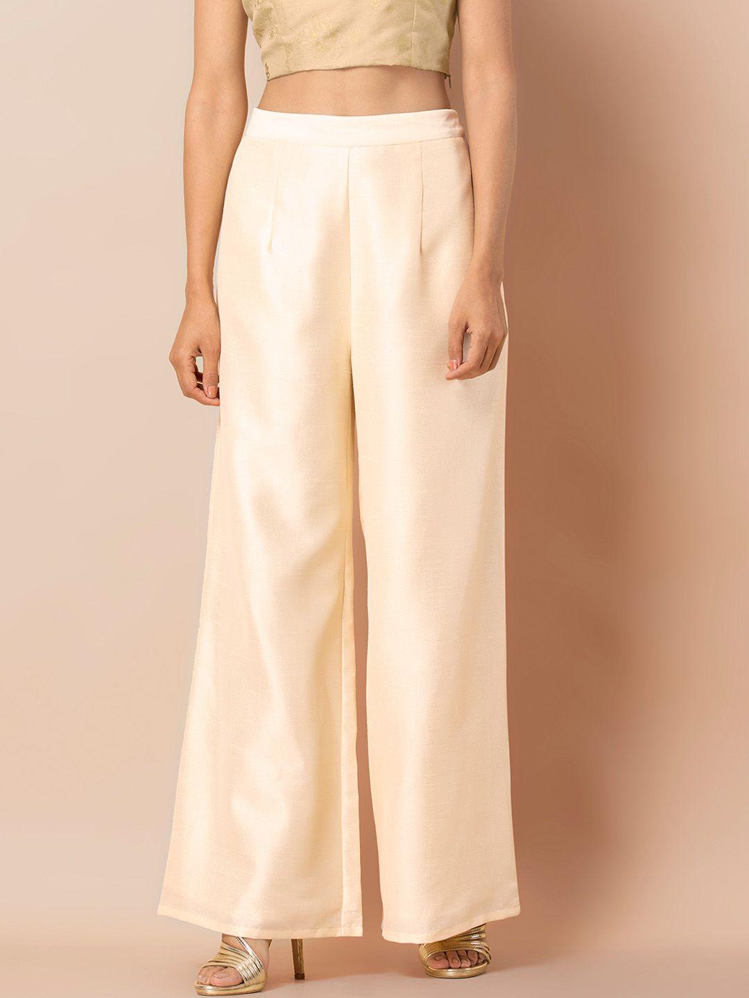 indya women off-white solid wide leg palazzos