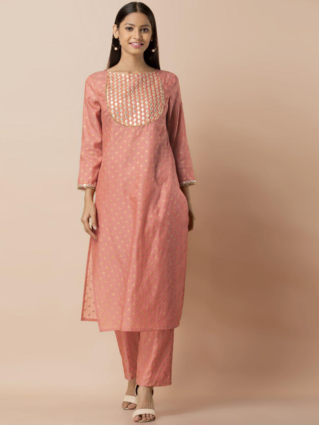 indya women orange & gold-coloured embellished straight kurta