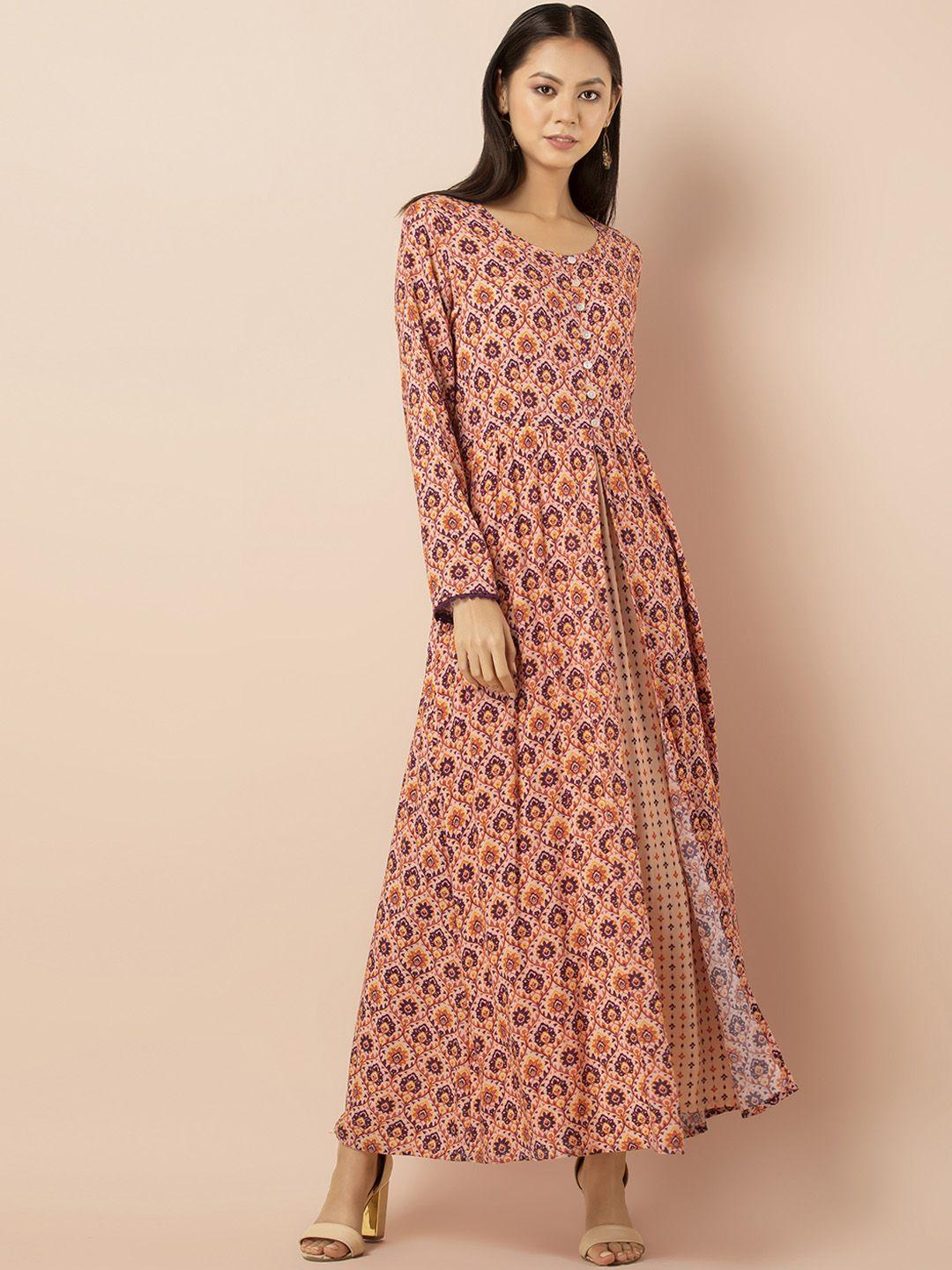 indya women orange & peach-coloured printed layered dress