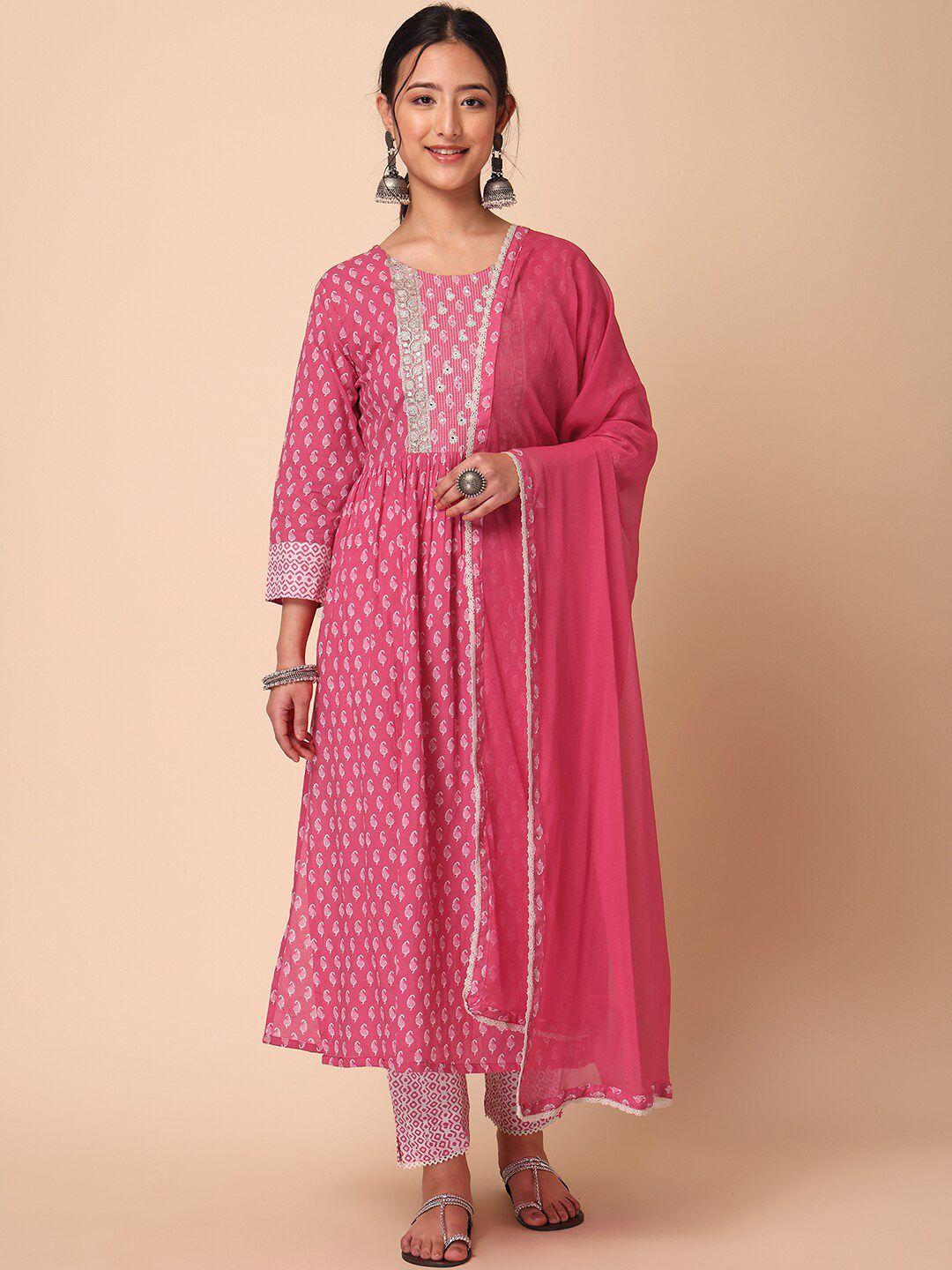 indya women paisley printed & embroidered pure cotton a-line kurta & trouser with dupatta