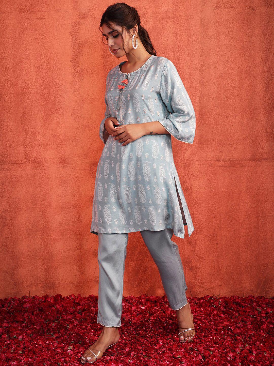 indya women paisley printed kurti with trousers