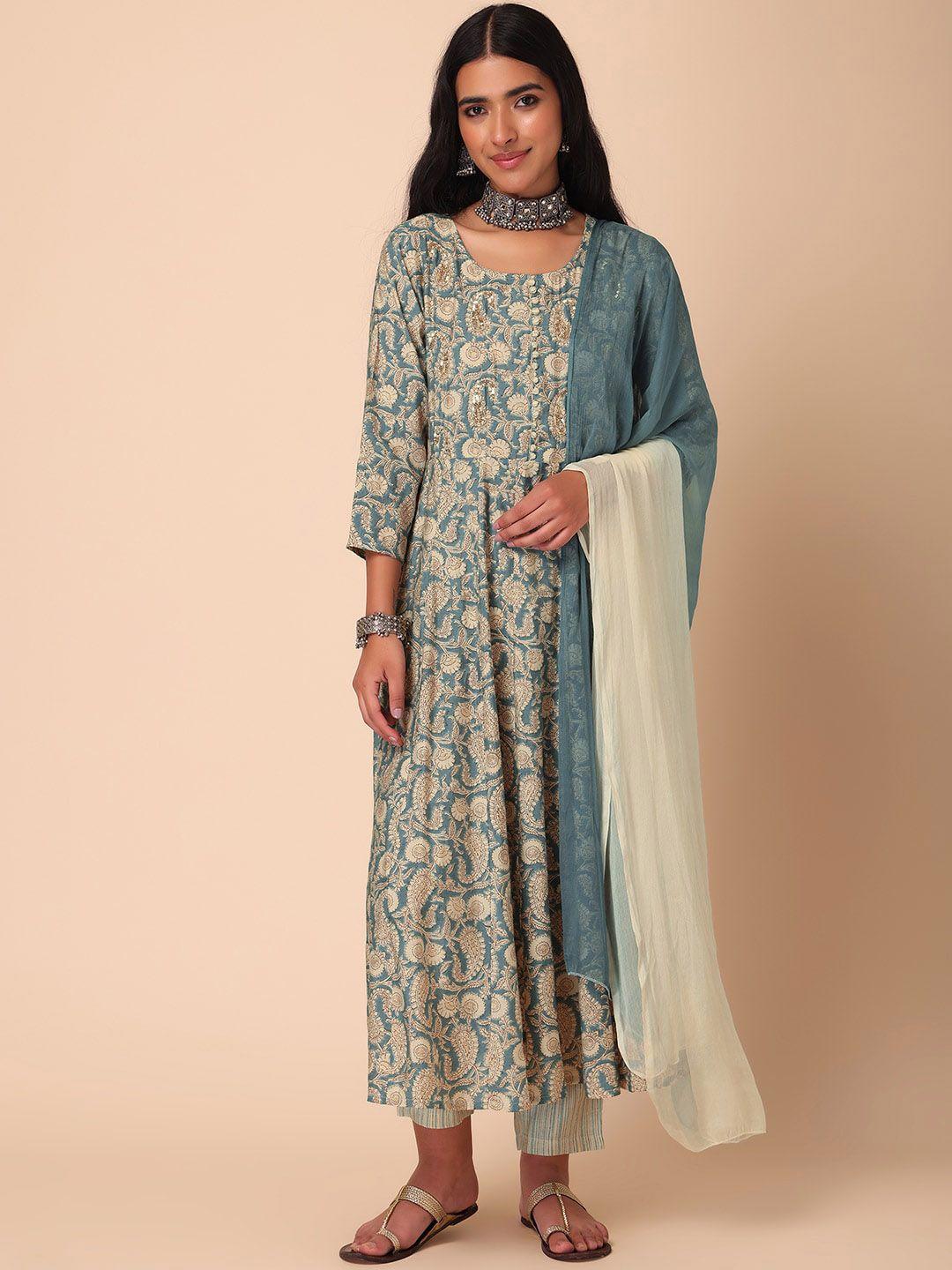 indya women paisley printed pure cotton anarkali kurta with trouser & dupatta