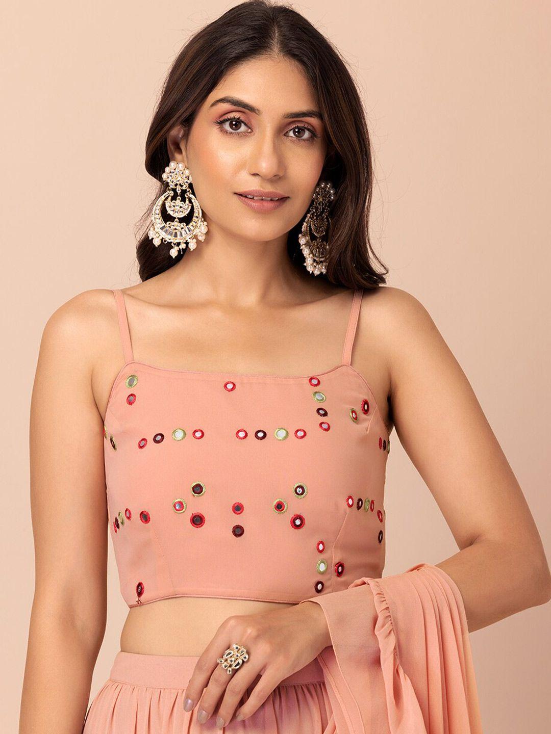 indya women peach embellished embroidered georgette crop top