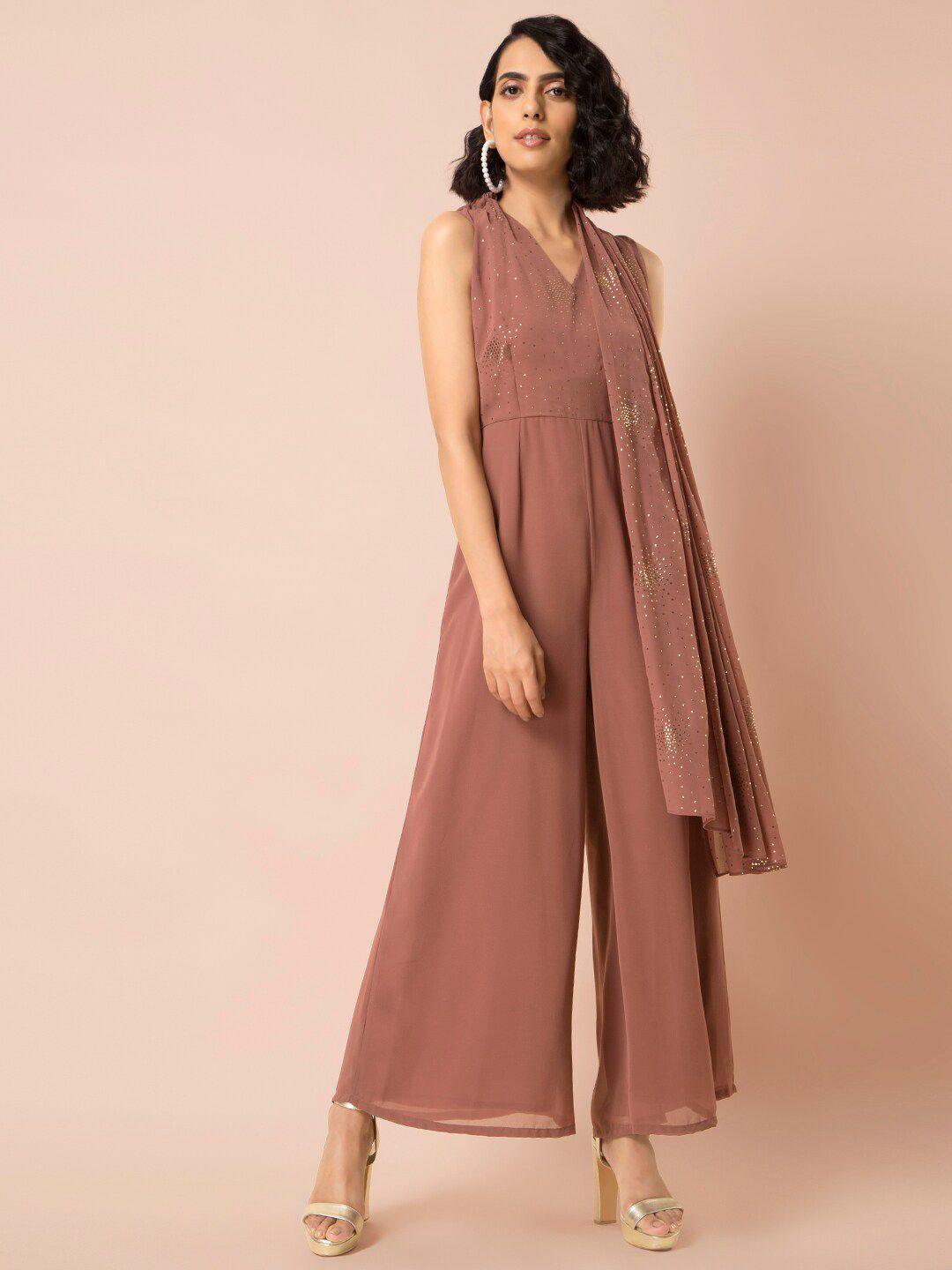 indya women pink & gold-toned foil side stole jumpsuit