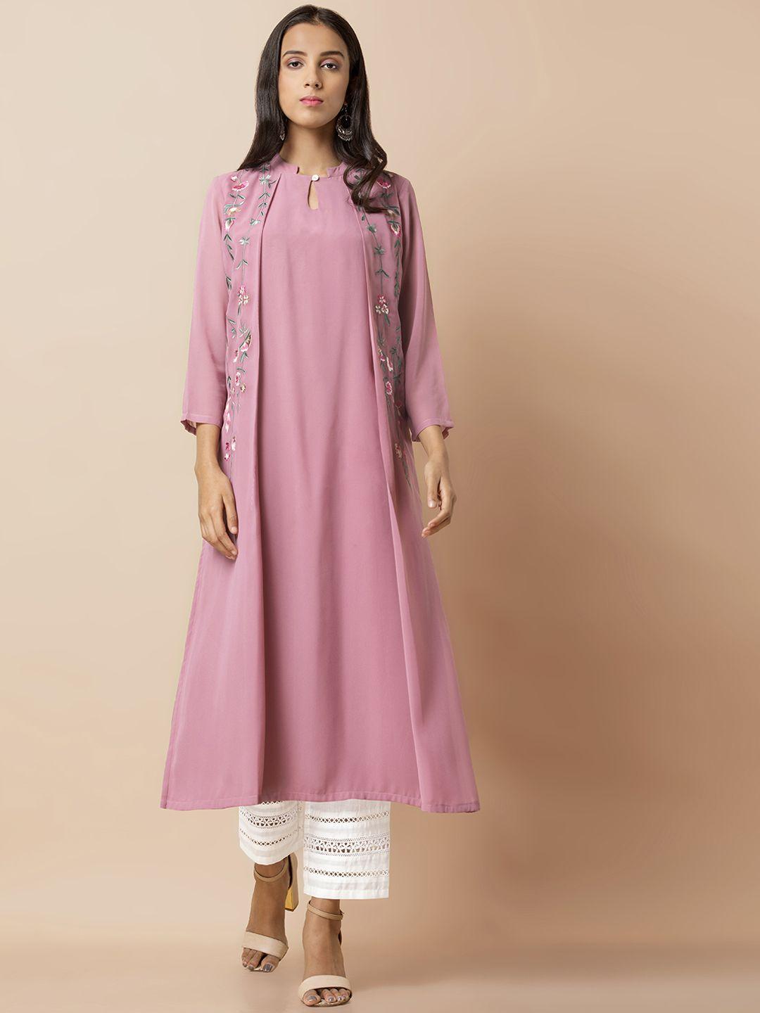 indya women pink embroidered a-line kurta