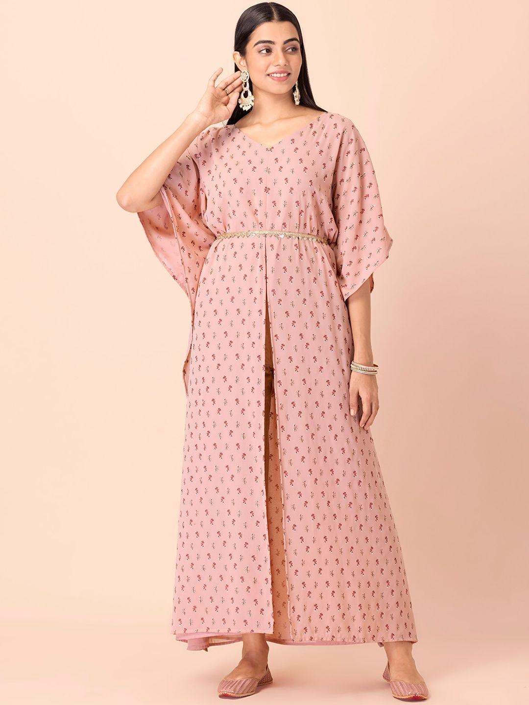 indya women pink floral printed straight kurta with attached belt