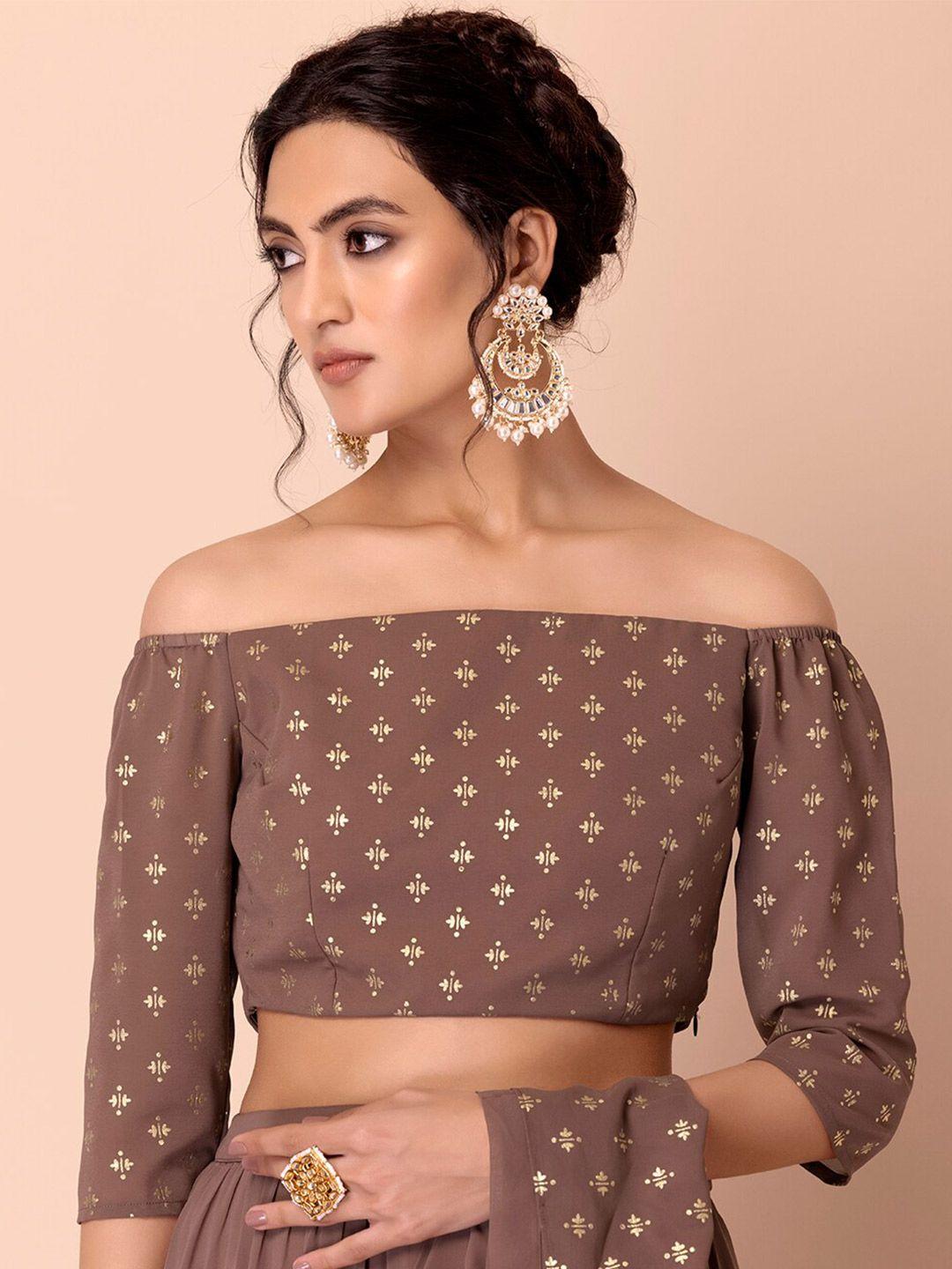 indya women pink foil print off-shoulder georgette crop top