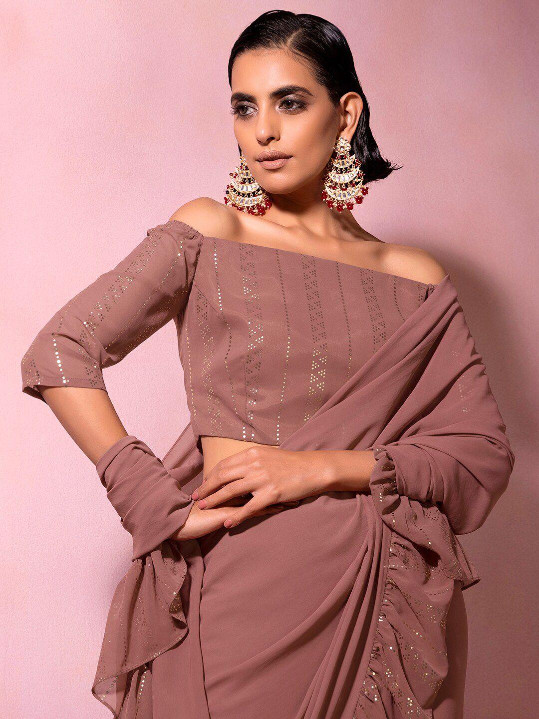 indya women pink geometric printed off-shoulder bardot crop top
