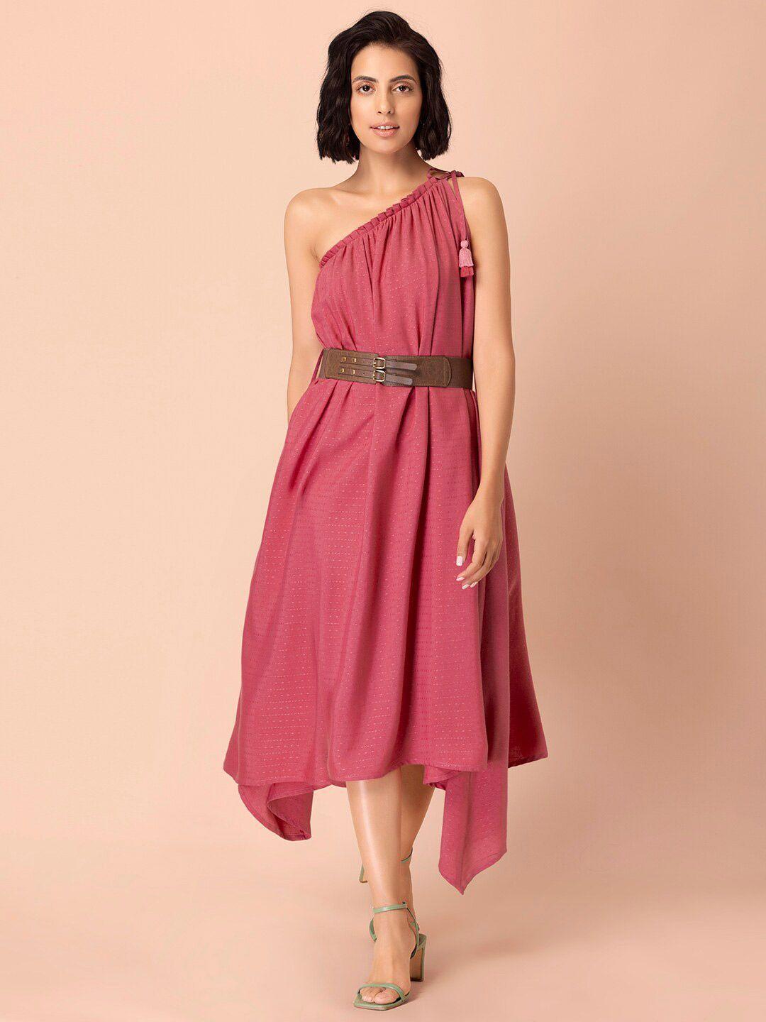 indya women pink solid one shoulder dresses with leather belt